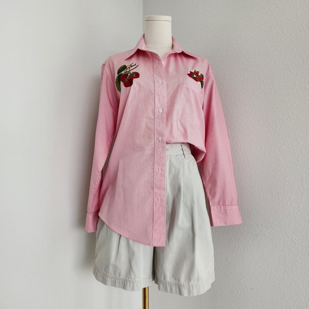 Vintage 90s Red White Striped Strawberry Patch Button Up Shirt Oversized XS